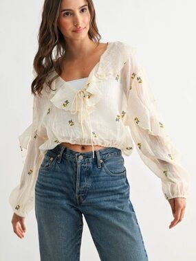Altar'd State Ivory Sheer Ruffled Tie-Front Blouse with Yellow Floral Embroidery